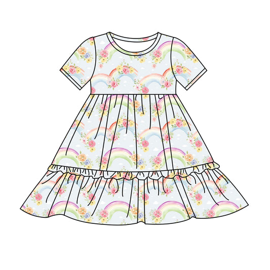 Preorder (moq 5)Baby Girls Blue Colorful Rainbow Flowers Knee Length Dresses