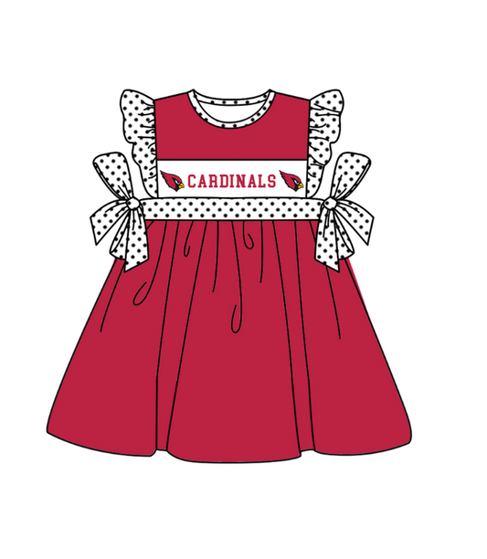 Preorder (moq 5)Baby Girls Polka Dots Flutter Sleeve Cardinals Team Knee Length Dresses