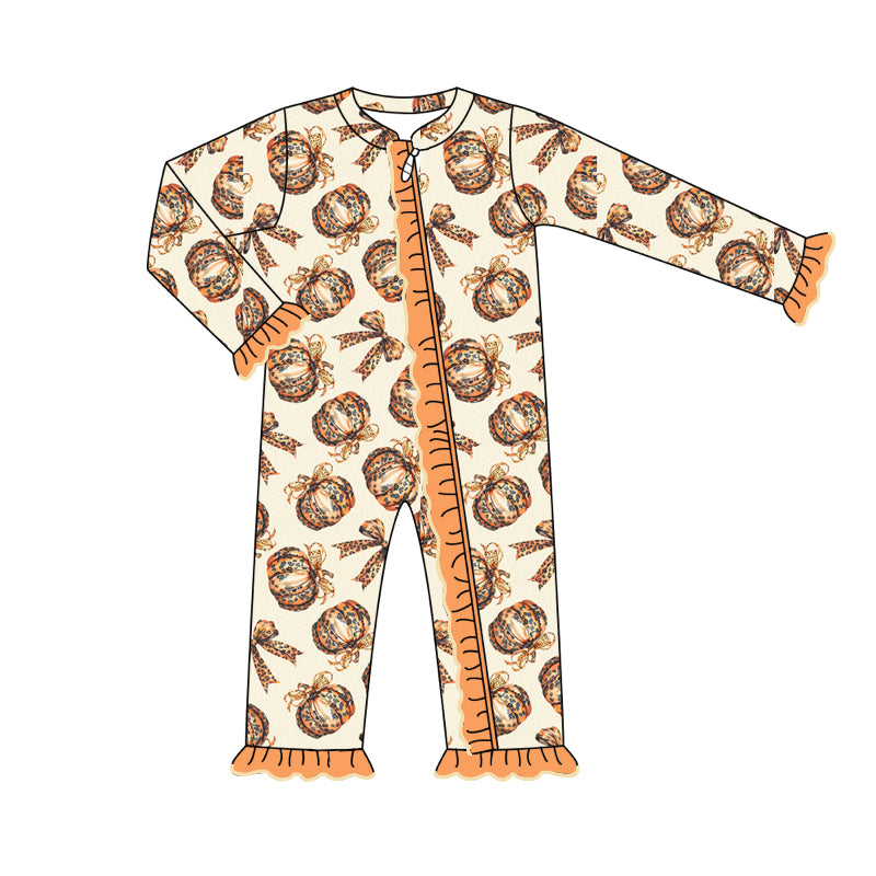 Baby Infant Girls Leopard Pumpkin Bows Zip Rompers preorder(moq 5)