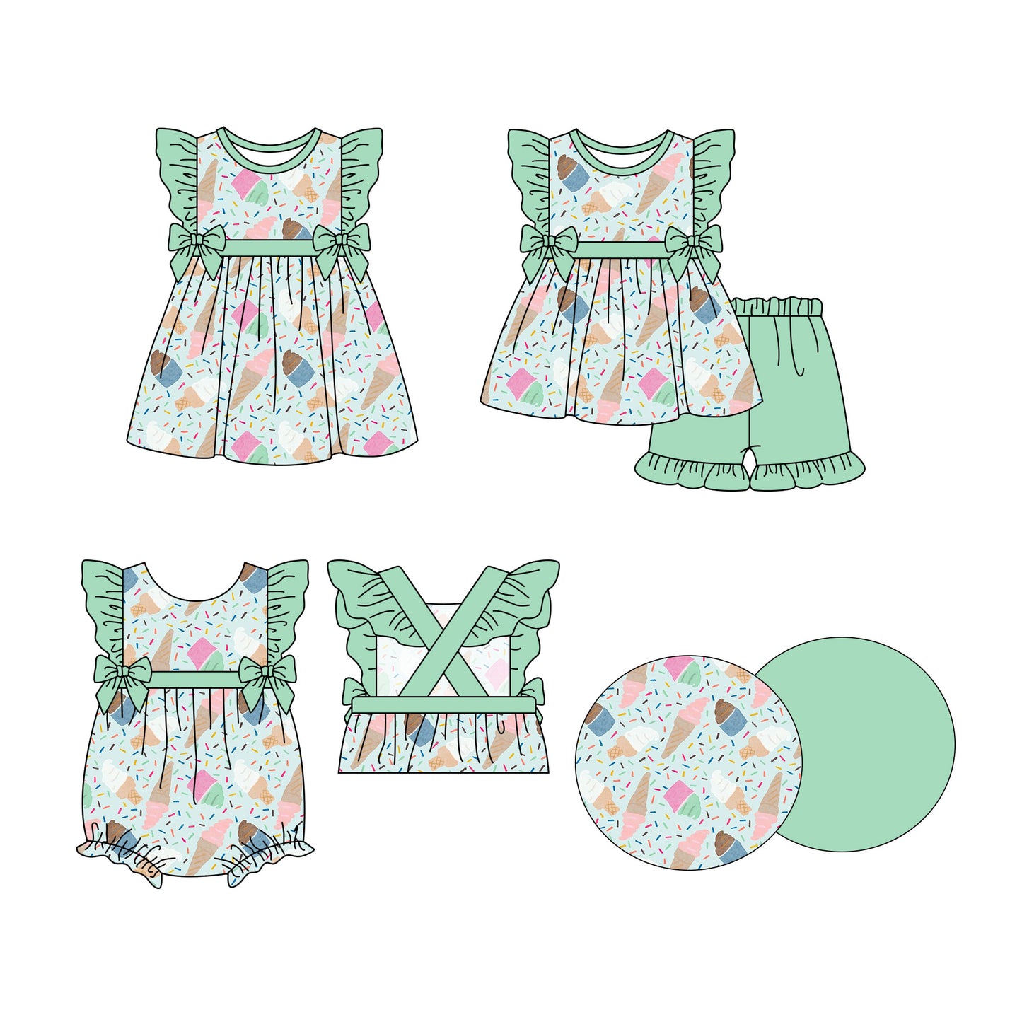 Preorder moq 5 Custom Baby Girls Ice Cream Tunic Green Ruffle Short Sets Knee Length Dress Rompers