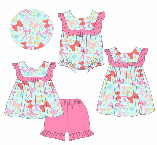 Preorder moq 5 Custom Baby Girls Blue Plaid Pink Bows Tunic Ruffle Short Set Knee Length Dress Rompers