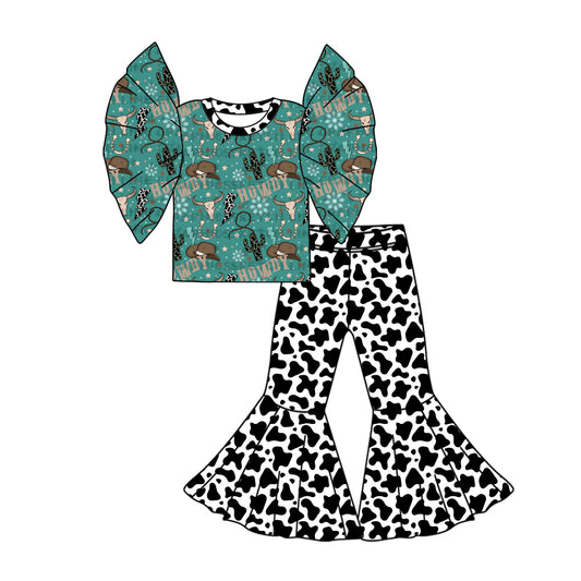 Preorder (moq 5)Baby Girls Howdy Shirt Cow Bell Pants Clothes Sets