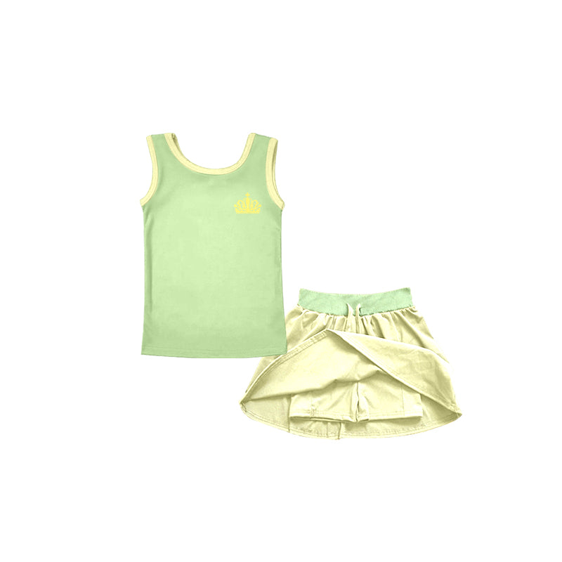Preorder(moq 5)Baby Girls Green Frog Princess Sleeveless Tee Shirt Skorts Clothes Sets