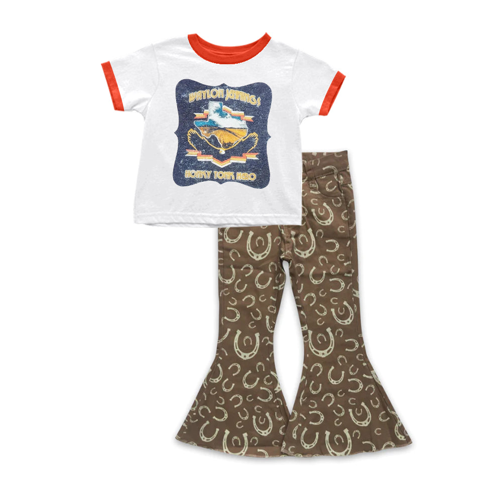 Baby Girls Western White Tee Shirts Tops Brown Hoodie denim pants sets preorder(moq 5)