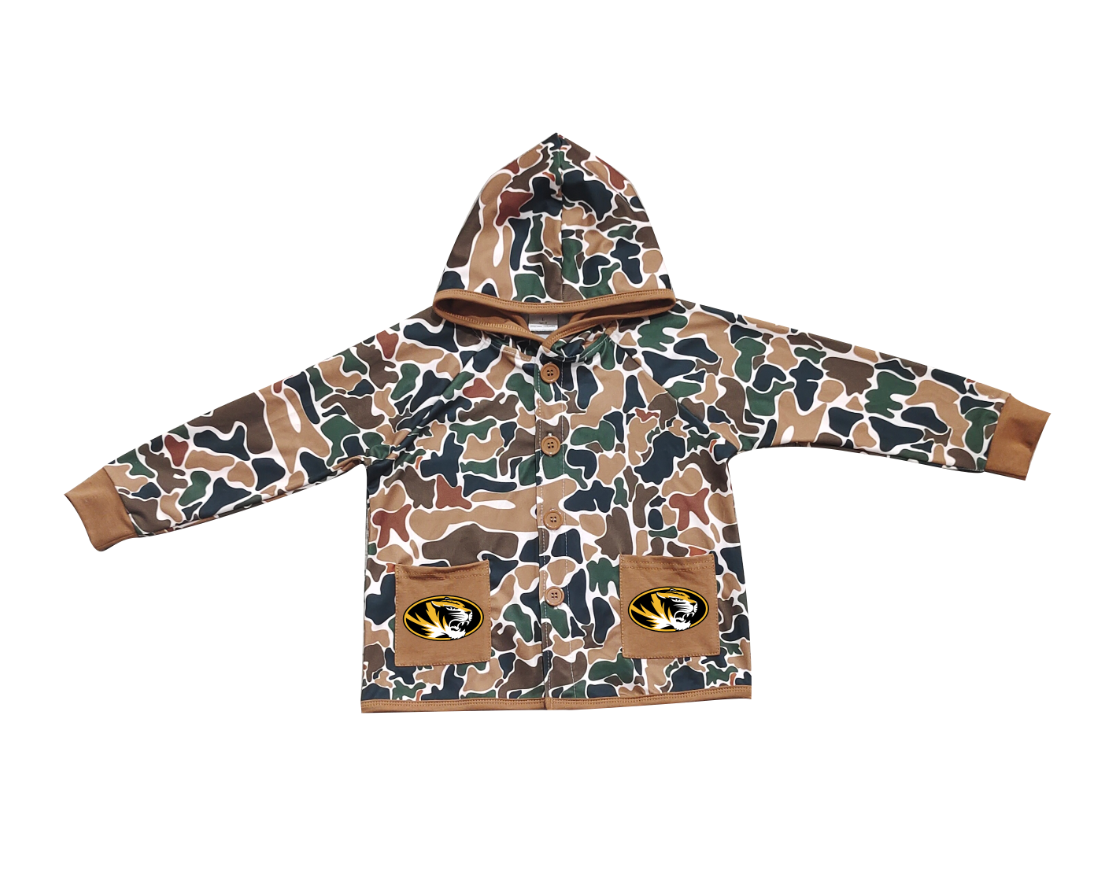 Preorder (moq 5)Baby Boys Dark Brown Camo Tigers Pockets Team Button Hoodie Jackets Top
