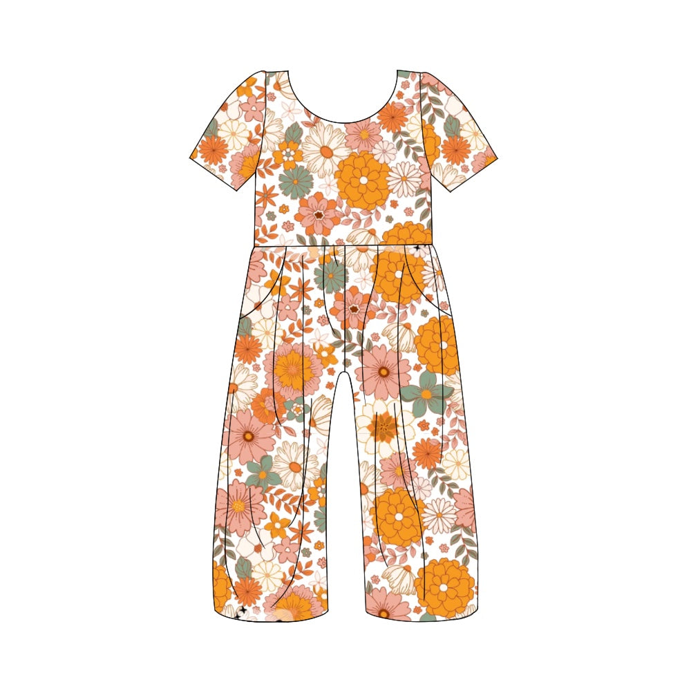 Baby Girls Fall Orange Flowers Short Sleeve Pants Jumpsuits Preorder(moq 5)