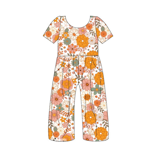 Baby Girls Fall Orange Flowers Short Sleeve Pants Jumpsuits Preorder(moq 5)