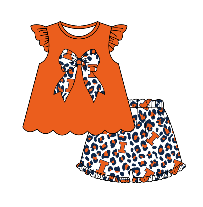 Preorder (moq 5)Baby Girls I Team Bow Tunic Tops Leopard Shorts Clothes Sets