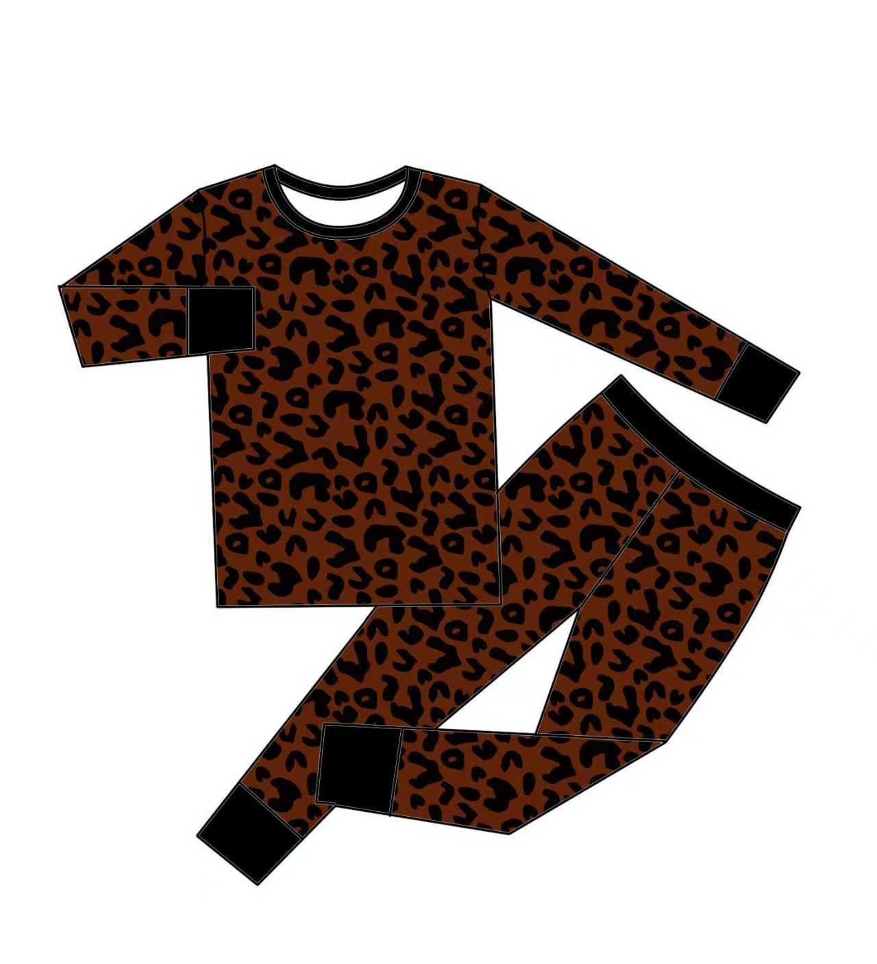 Preorder (moq 5)Baby Girls Dark Brown Leopard Top Pants Pajamas Sets