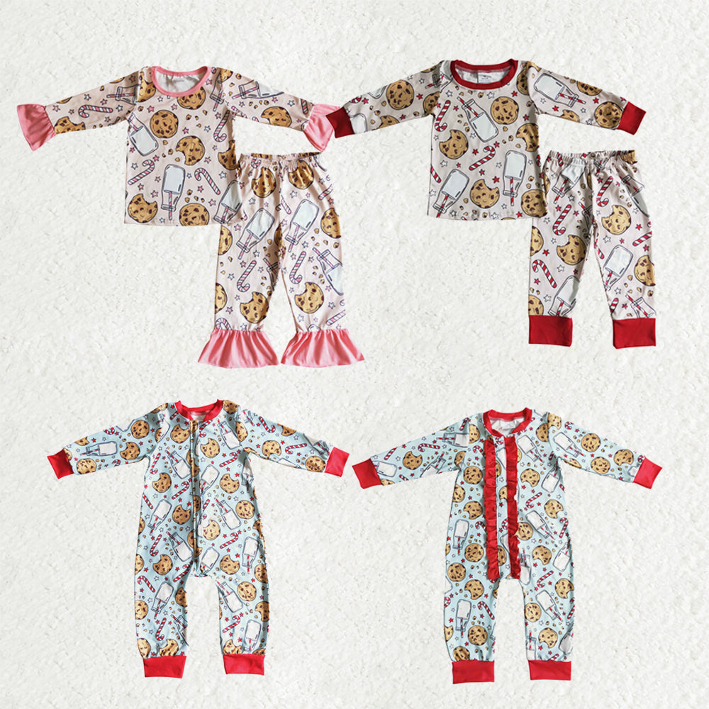 Sibling Baby Kids Cookie Milk Candy Cane Top Pants Christmas Pajamas Sets Zipper Footie Rompers