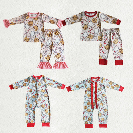 Sibling Baby Kids Cookie Milk Candy Cane Top Pants Christmas Pajamas Sets Zipper Footie Rompers