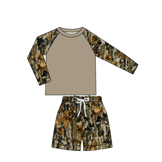 Preorder (moq 5)Baby Girls Long Sleeve Southern Leaves Camo Top Shorts Swimsuits Clothes Set
