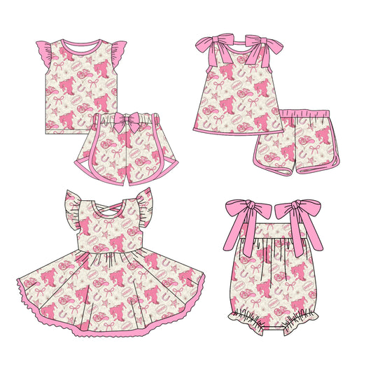 Preorder moq 5 Custom Baby Girls Pink Bows Horse Rodeos Top Short Sets Knee Length Dress Ruffle Rompers