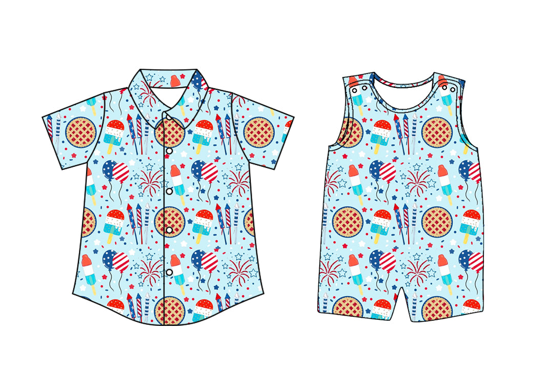 Preorder moq 5 Custom Baby Boys Blue Button Firework Popsicle 4th Of July Shirts Top Rompers