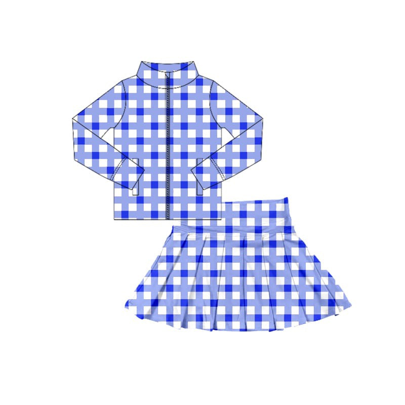 Preorder (moq 5)Baby Girls Blue Checkered Zip Top Swimsuits fabric Skorts Sets