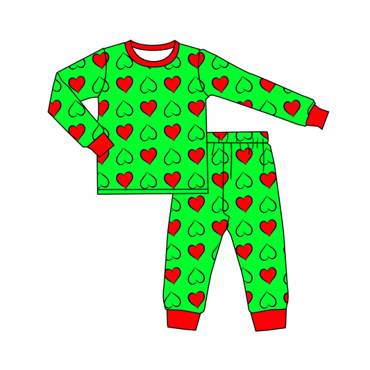 Baby Boys Christmas Green Hearts Tops Pants Pajamas Outfits Sets Preorder(moq 5)