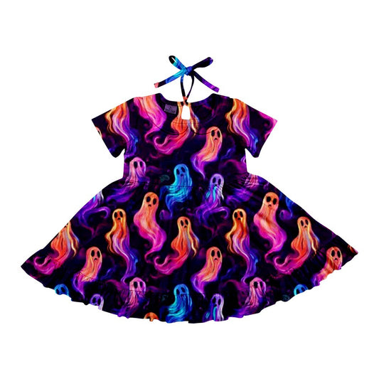 Preorder (moq 5)Baby Girls Halloween Ghost Twirl Knee Length Dresses
