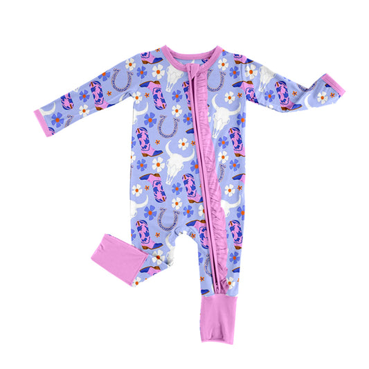 Baby Infant Girls Western Boots Cow Pink Zip Rompers preorder(moq 5)