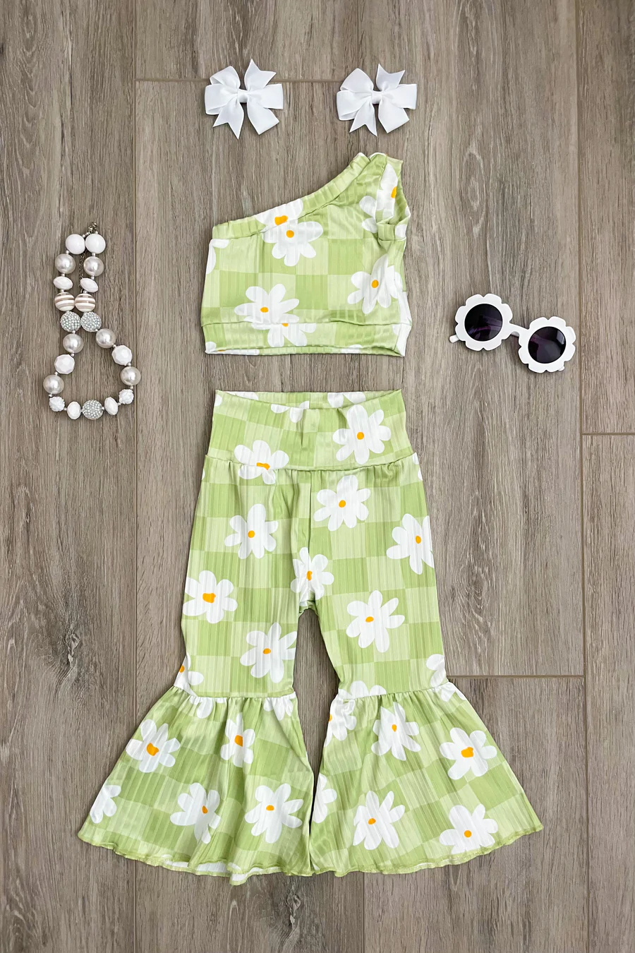 Baby Girls Green Flowers One Shoulder Top Bell Pants Outfits Clothes