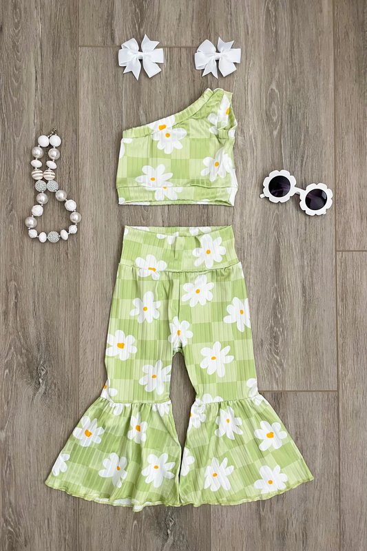 Baby Girls Green Flowers One Shoulder Top Bell Pants Outfits Clothes