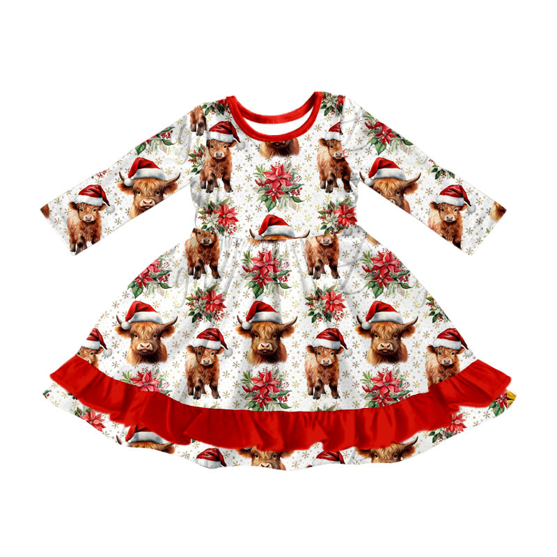 Baby Girls Christmas Highland Cow Western Knee Length Dresses preorder(MOQ 5)