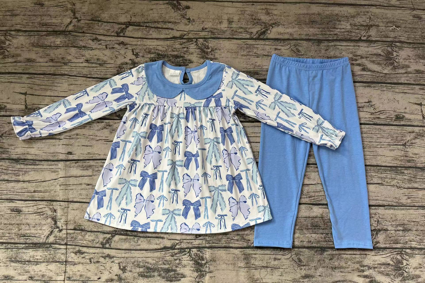 Baby Girls Blue Bows Tunic Tops Legging Pants Clothes Sets