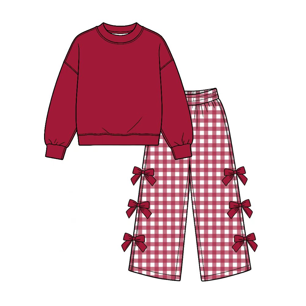 Preorder (moq 5) Baby Girl Clothes Wine Red Solid Top Pinkish Red Gingham Bow Detail Long Sleeve Wide Leg Pant Set