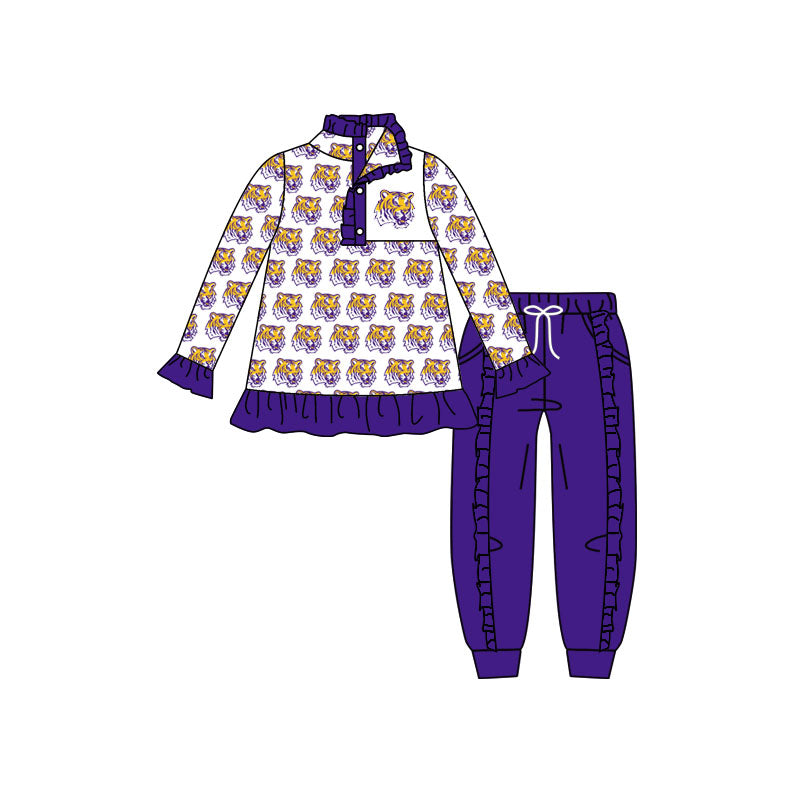 preorder(moq 5) Baby Girls White LSU Tigers Team Long Sleeve Top Ruffle Pants Clothes Sets