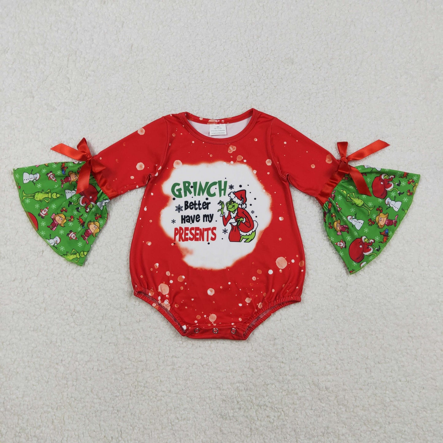Baby Girls Christmas Grin Bell Sleeve Ruffle Rompers