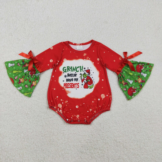 Baby Girls Christmas Grin Bell Sleeve Ruffle Rompers