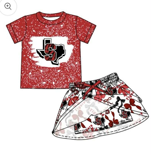 Preorder moq 5 Baby Girls Red Short Sleeves S Top Bows Plaid Skorts Team Set