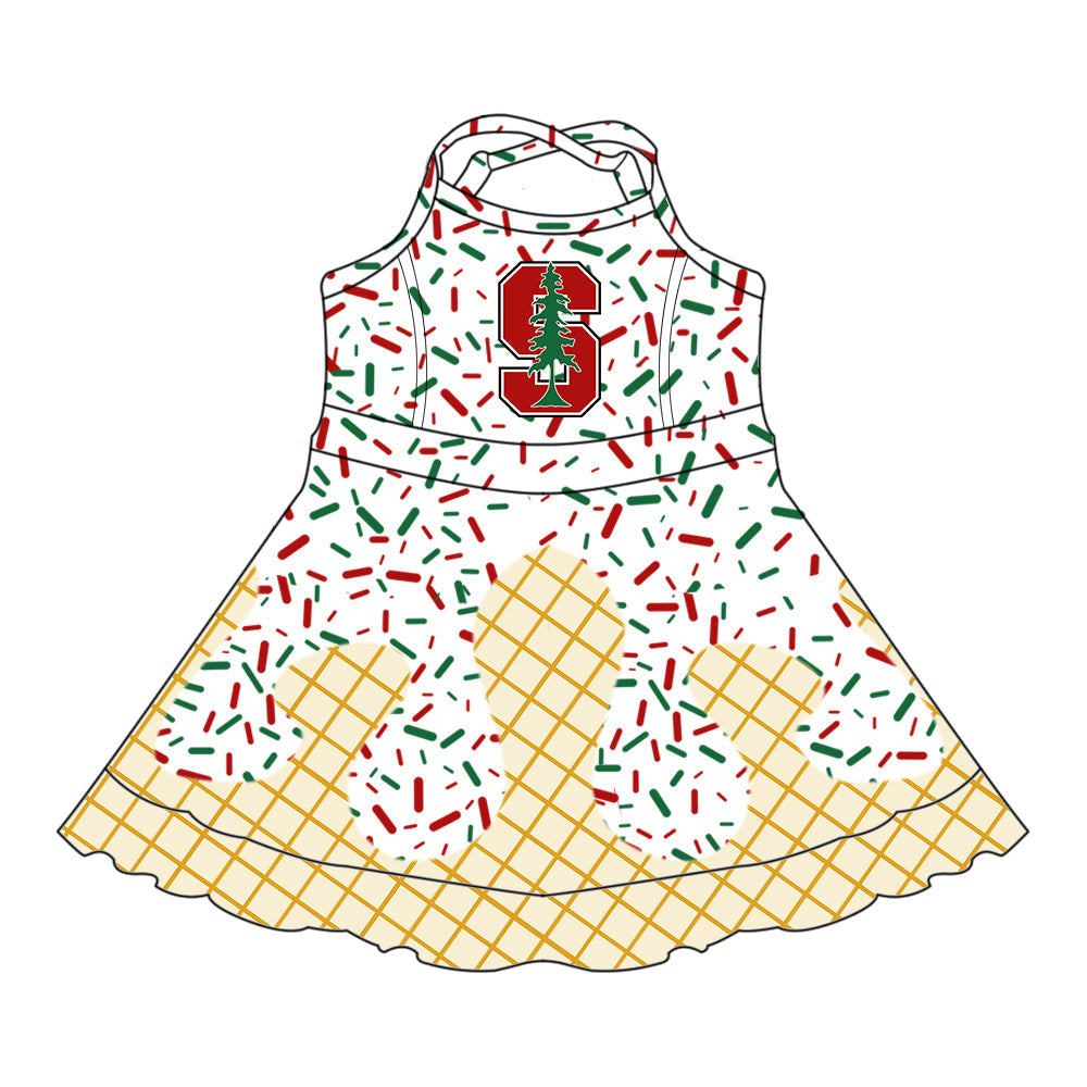 Preorder (moq 5)Baby Girls Drip Sprinkles Block S With Tree Team Shorts Ruffle Knee Length Dress