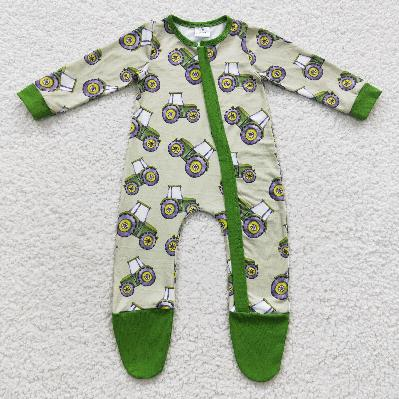 Baby Boys Green Tractors Print Farm Zipper Footed Rompers