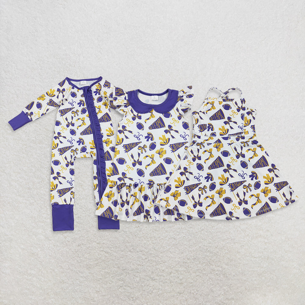 Sibling Baby Girls Purple Bows Footballs Go Team Ruffle Zipper Romper Knee Length Dresses