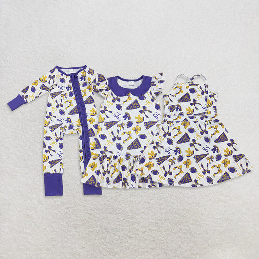 Sibling Baby Girls Purple Bows Footballs Go Team Ruffle Zipper Romper Knee Length Dresses