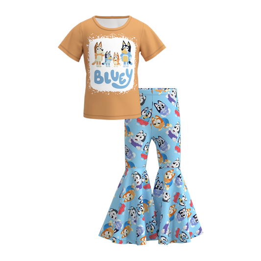 Baby Girls Blue Dogs Shirt Bell Bottom Pants Outfits Sets Preorder(moq 5)