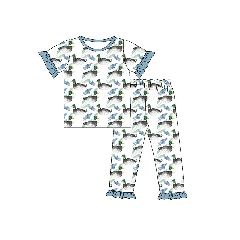 Baby Girls Blue Mallard Ducks Top Pants Pajamas Clothes Sets Preorder(moq 5)