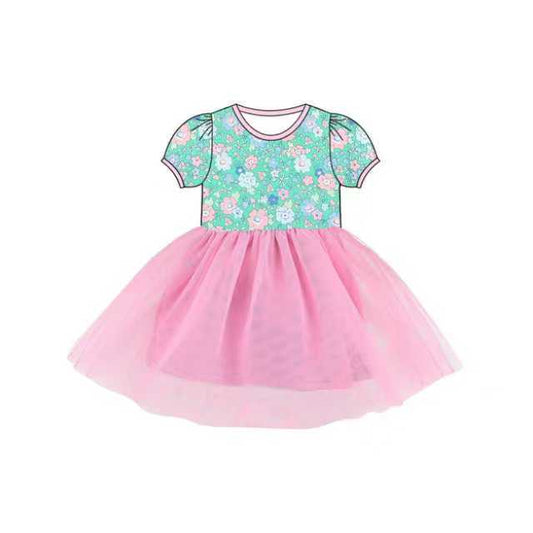 Preorder (moq 5)Baby Girls Short Sleeve Aqua Flowers Tulle Knee Length Dresses