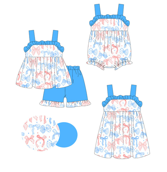 Preorder moq 5 Custom Baby Girls Blue Strap Red Bows Tunic Ruffle Short 4th Of July Set Knee Length Dress And Rompers