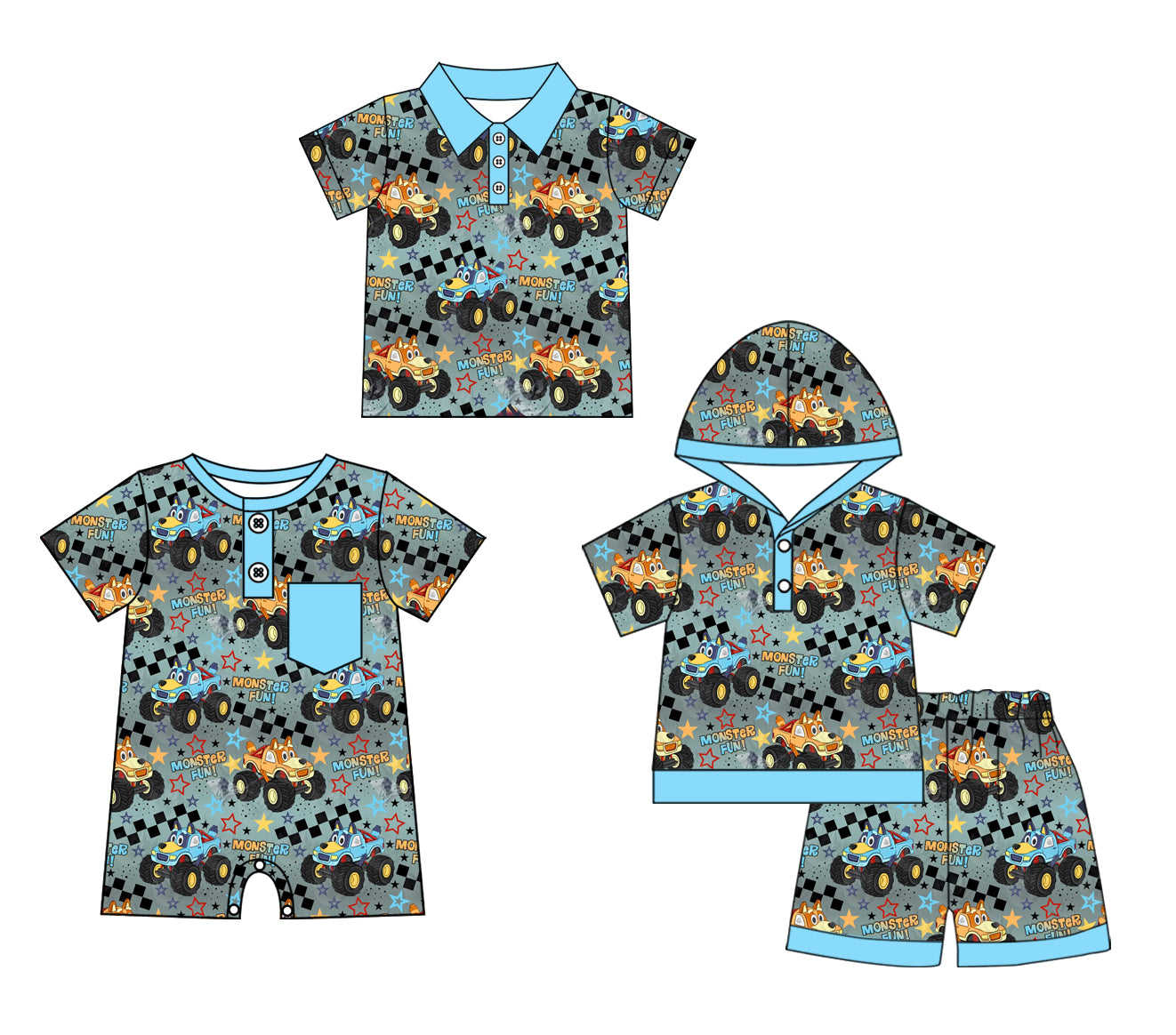 Preorder moq 5 Custom Baby Boys Blue Short Sleeves Button Cartoon Dogs Hoodies Short Set Polo Shirts And Rompers
