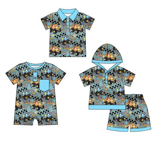Preorder moq 5 Custom Baby Boys Blue Short Sleeves Button Cartoon Dogs Hoodies Short Set Polo Shirts And Rompers