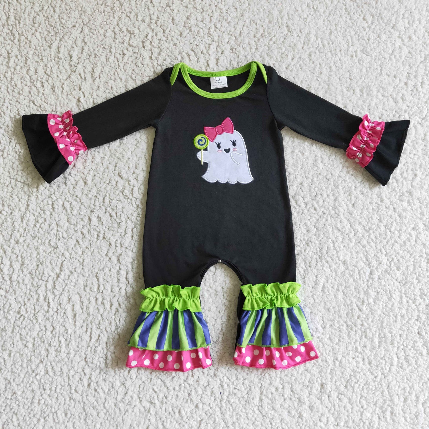 Sibling Baby Girls Green Stripe Embroidery Ghost Tunic Ruffle Pants Halloween Clothes Sets Rompers