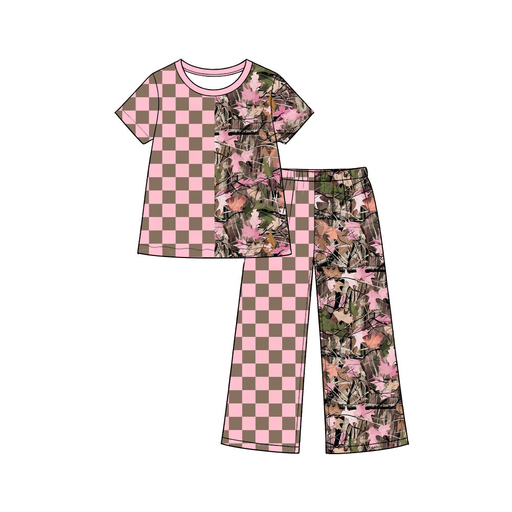 Preorder (moq 5) Girls Pink Checkered Camouflage Short Sleeve Pants Boutique Outfits Clothes Sets