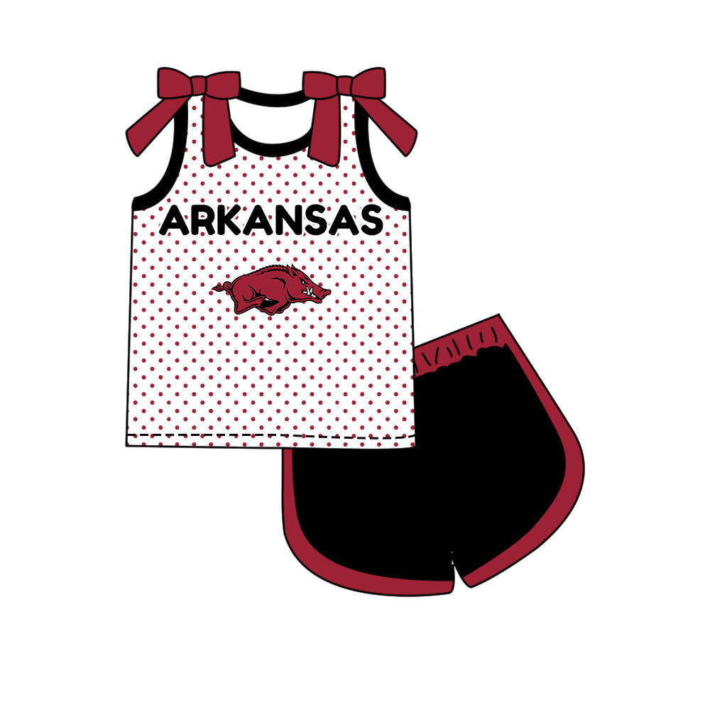 Preorder (moq 5)Baby Girls Bows Arkansas Polka Dots Top Short Team Clothes Set
