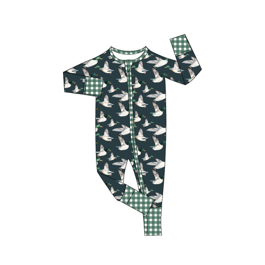 Baby Boys Duck Green Checkered Long Sleeve Rompers Preorder(moq 5)