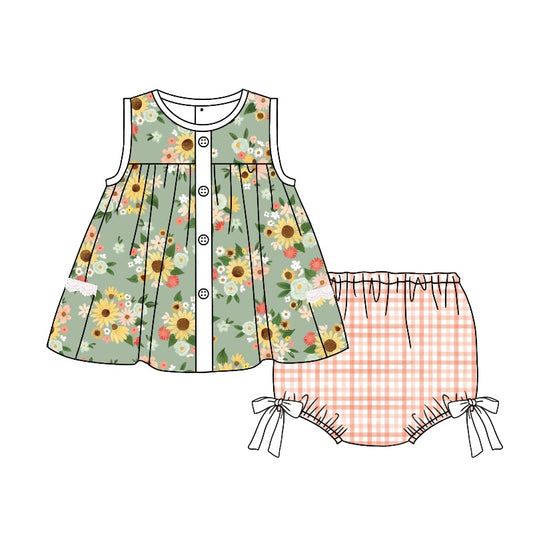 Baby Girls Toddler Green Flowers Bows Tunic Top Bummie Sets preorder(moq 5)