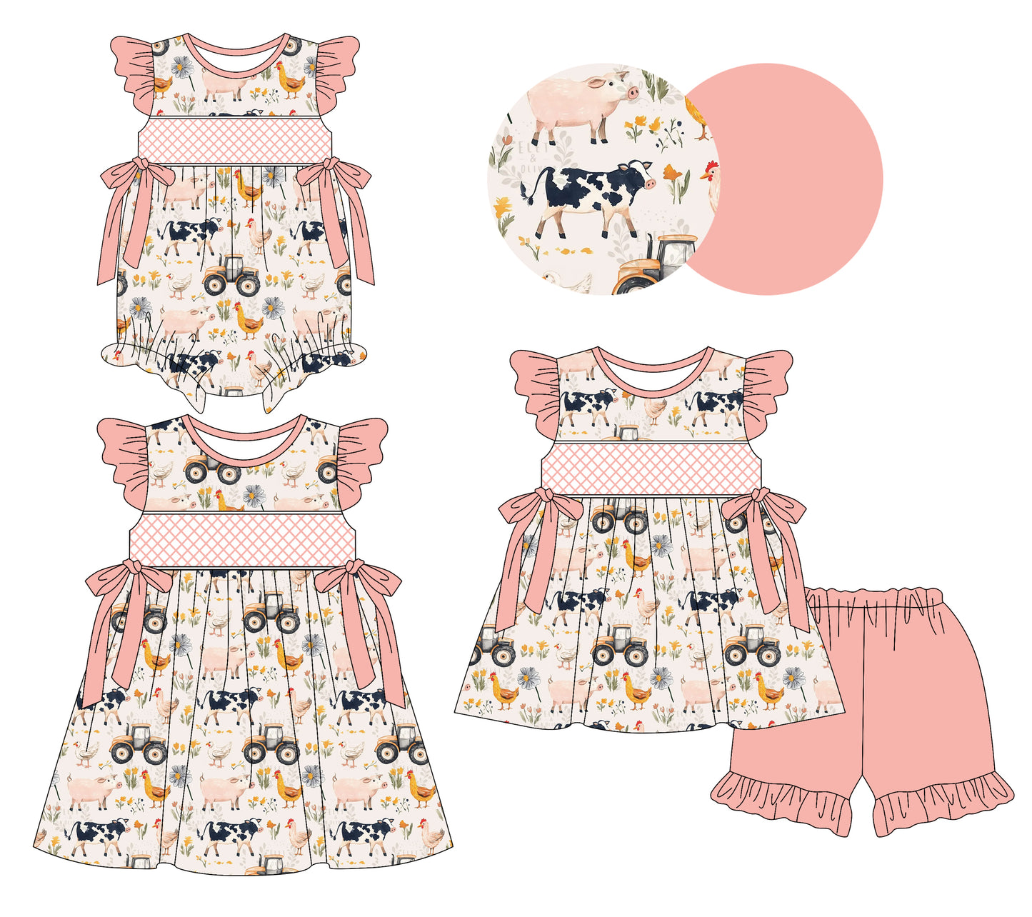 Preorder moq 5 Custom Baby Girls Pink Cows Trucks Bows Tunic Ruffle Short Farm Set Knee Length Dress And Rompers