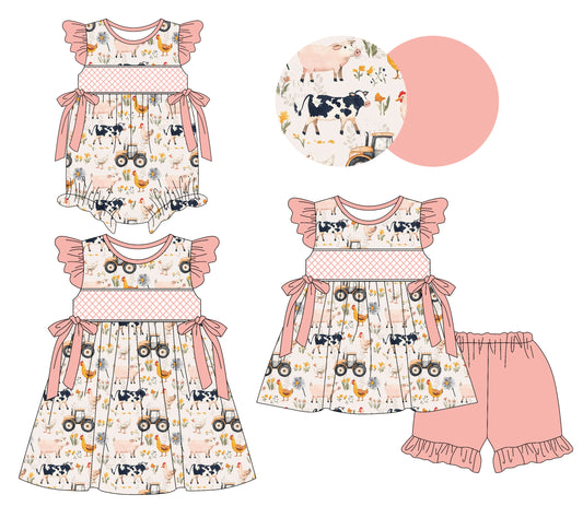 Preorder moq 5 Custom Baby Girls Pink Cows Trucks Bows Tunic Ruffle Short Farm Set Knee Length Dress And Rompers
