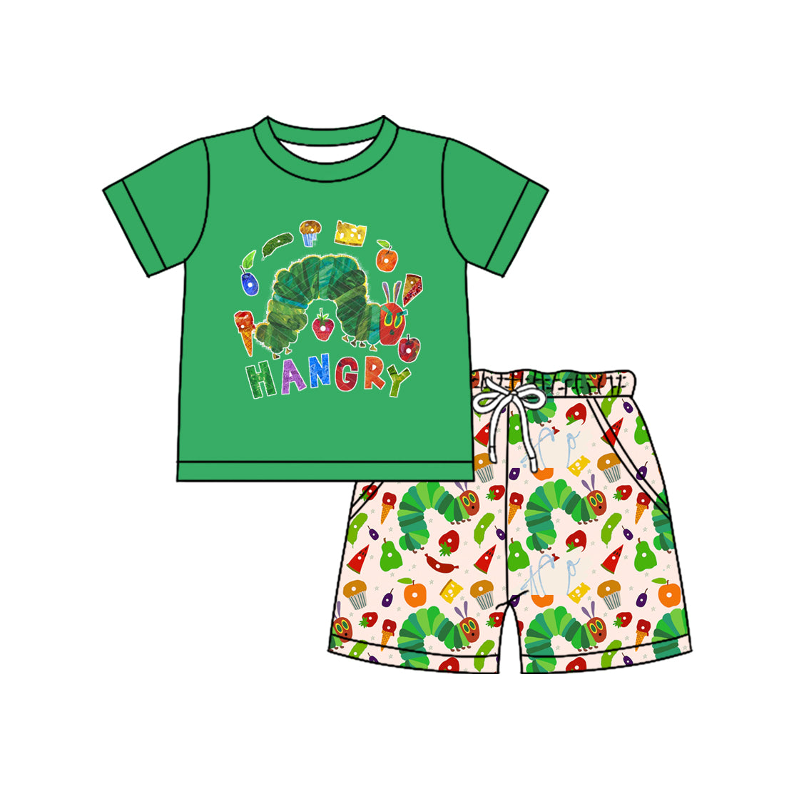 Preorder moq 5 Baby Boys Green Short Sleeves Caterpillar Top Pocket Short Set