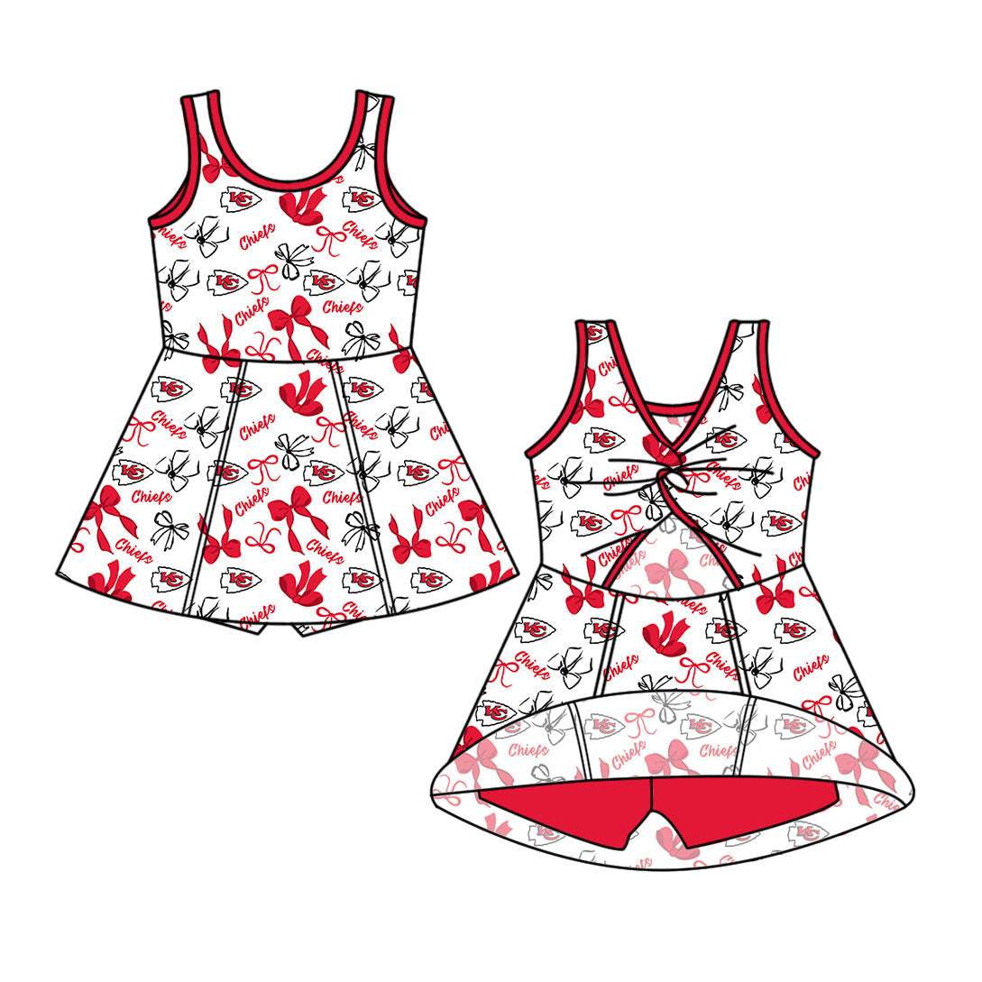 Preorder (moq 5)Baby Girls Sleeveless Red Bows Chiefs Team Short Knee Length Dresses